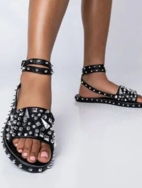 Lemonade Studded Black Leather Flat Sandals Sz.8.5